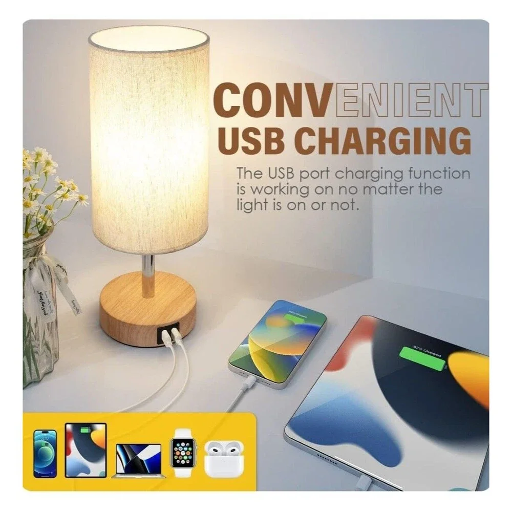 Yarra Decor Bedside Touch Control Table Lamp with USB Ports Bedroom Wood 3 Way